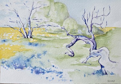 Aquarellbild mit  Frühlingswiese auf der Insel Mainau